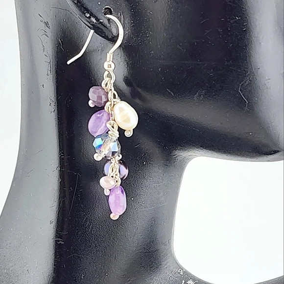 AMETHYST, PEARL & CRYSTALS CHANDELIER EARRINGS HANDMADE RECYCLE STERLING SILVER - Picture 3 of 6
